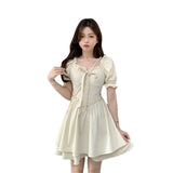 Bubble Sleeve Square Dress Women's Spring And Summer 2025 New Gentle Wind With Wooden Ears To Close The Waist Short-Sleeved A Skirt