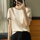 Silk Satin 2026 Spring And Summer Women's New Short Loose Round-Neck Color Mesh Yarn Short-Sleeved T-Shirt Temperament Thin Top