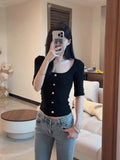 Spice Girl Collar Gold Button Clasp Five-Sleeved T-Shirt Girl Summer New Temperament Slimming Design Top