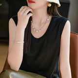 Lyselle Tiansi 2026 Spring And Summer Women's New Short-Sleeved U-Neck Solid Colorless Vest Knitted Short-Sleeved T-Shirt