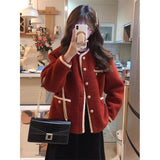 Red Small Fragrant Lamb Plush Coat Female Design Sense Niche Tops 2025 Autumn And Winter New Plush Thicken