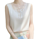 Silk Satin 2026 Spring And Summer Women's New V-Neck Mesh Splicing T-Shirt Solid Color Buffet Korean Version Of Sleeveless Vest