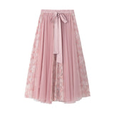 2025 Spring Dress New Bow Tie With High-Waisted Lace Embroidery Splicing Mesh Dress Skirt 8825