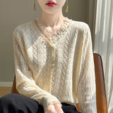 Wool Blending 2026 Autumn And Winter New Women's Clothing Lace Nails V Collar Short Solid Color Knitting Top Bottom
