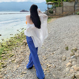High-Rise Broad Leg Trousers Women's Seaside Vacation Sexy Bumpy Wear Lazy Trousers Blue Striped Pants