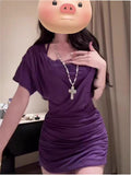 Purple Sexy Short-Sleeved Dress Women Summer Folds Design Small Pure Babes To Collect Thin Bag Of Hips