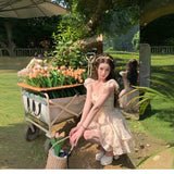 2026 New Broken Flower Dress Women's Spring And Summer Sweet Collarbone Bubble Sleeves To Close The Waist Thin Super Fairy Short-Sleeved Skirt