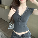 Bracelet Gray V-Neck Short-Sleeved T-Shirt Women's Summer Slimming Hottie Lace Splicing Niche Short Top