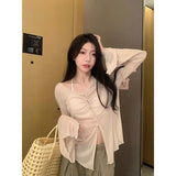 Pure Black Sunscreen Cardigan Women's Spring Thin Design V Collar Horn Long-Sleeved Knitted Shirt Chic Top