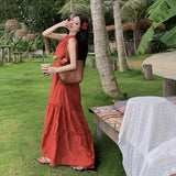 New Chinese Beautiful Red Sleeveless Neck Dress Female Summer Temperament High-End Seaside Beach Dress