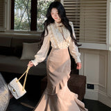 Rich Family Gold Suit Women's New Spring New French Temperament Shirt Fish Tail Half Skirt Two Sets