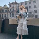 White Suspension Dress Women's Summer 2025 New French Beauty Lace Spliced Super Fair Seaside Vacation Suspension Dress