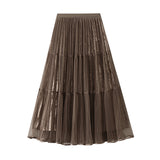 Fashion Splicing Hundred Fold Mesh Velvet Dress Women Autumn And Winter New High-Rise Thin A-Sword Skirt Mid-Long 5202