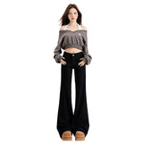 Black Low-Rise Micro-Horn Jeans Women 2025 Autumn And Winter New Loose Thin Not Close Legs Broad Leg Hoes Horn Trousers