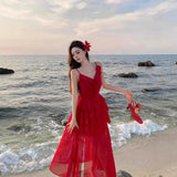 French Beautiful Irregular Lotus Leaf Side Red Sling Dress Female Summer Seaside Atmosphere Temperament Dress