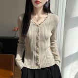 Skin-Skin Velvet 2026 Autumn And Winter New Women's Loose Wood Ear V Collar Collar Bottom Knitted Cardigan Sweater Jacket