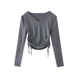 Designing The Babes On Both Sides Of The Drawstring Folds Small V-Neck Long-Sleeved T-Shirt Girl Elastic Repair Slim Short Umbilical Top