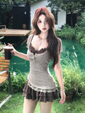 Large-Size Fat MM French Retro Lace Splicing Sling T-Shirt For Women's Summer New High-Rise Slimming Skirt Set
