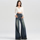 Vintage High-Waisted Denim Horn Trousers Women's Elastic Pants Pear Shape Body Does Not Stick To The Leg Hanging Loose Broad Leg Micro-Speaker