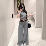 Korean Slanted Shoulder Leisure Sportswear Suit Women's Summer Age Reduction Waist Short-Sleeved Top High-Waist Broad Leg Pants Two Sets