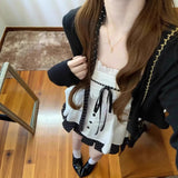 Sweet Sister College Style Black Long-Sleeved Knitted Shirt Coat + Bow Sling Suit + Wave Point Skirt Three-Piece Set