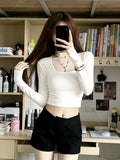 Round-Necked Hottie Shoulder T-Shirt Girl Autumn New Retro Pure Desire To Cultivate Long Sleeves Short Blouse