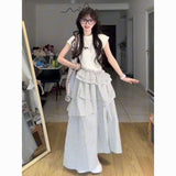 Korean Ins Fashion Short-Sleeved Lattice Dress Feline Dress Felined Summer Temperament Design Sense Multi-Layer Dress Open Fork Cake Dress