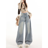 High-Rise Water Wash Blue Scissors Jeans Women Autumn And Winter Retro Embroidery Design Loose Thin Leggings