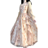 Dizzy Printing Fairy Lace Temperament Waist Lotus Side Sling Skirt Girl Summer Fairy Dress Open Shirt Two Sets
