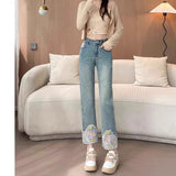 New Chinese Style Embroidered Straight Jeans Women Spring And Autumn New High-Waisted Low Bullet Strength Thin Smoke Pipe Pants