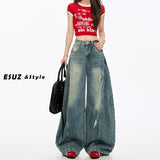 Breaking Hole Scissor Jeans Women Autumn And Winter New High-Waist Design Water Wash Contour Shape Loose Broad Leg Trousers