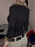 Spice Leopard Print Splicing V-Neck Long-Sleeved T-Shirt For Women's Autumn And Winter New Body-Repair Shirts Ins