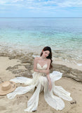 French Super Fairy Leaves Side Sling Dress Woman Seaside Holiday Sexy Pure Desire Irregular Open Fairy Dress