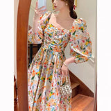 French Hepburn Style Temperament Retro Chic Beautiful Mashed Flower Bubble Sleeve Dress Dress Women Summer