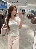Design-Sensitive Kinesi Blue Short-Sleeved T-Shirt For Women 2025 Summer Niche Folds Chic White Sweet Spicy Shoulder Coat
