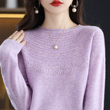 Line Ready-To-Wear Seamless 100% Pure Wool 2026 Autumn And Winter Women's Round-Neck Edge Hollow Short Bottom Knitted Sweater
