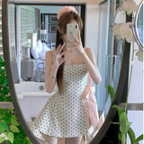 Wave Point Tied Dress Woman 2025 Autumn Feeling Sweet And Spicy Back To The Waist Showing Thin Fluffy Slings Short Skirt Woman