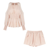 French Gentle Shoulder Long Sleeves To Close Waist Chiffon Shirt Women Summer Sweet Suit Casual Straight Shorts Two-Piece Set