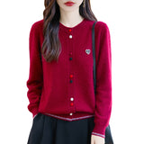 100% Pure Wool 2026 Autumn And Winter New Lady Loose Collar Design Color Buckle Top Knitted Cardigan Jacket