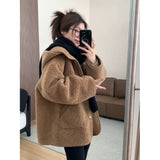 Camel Color Small Fragrant Lamb Wool Coat Woman 2025 Autumn Feeling Plus Thick Fur Hooded Cotton Suit