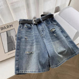 Pear-Shaped Body Hole Denim Shorts Women Summer Thin Large Size Fat Mm High-Waisted Shading A-Legged Five-Point Trousers
