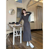 Korean Gray Shawl V-Necked Long-Sleeved Dress Women's New Bag-Groomed And Long-Sleeved Dress In Spring And Autumn Winter