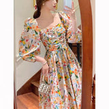 French Hepburn Style Temperament Retro Chic Beautiful Mashed Flower Bubble Sleeve Dress Dress Women Summer