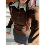 Design Sense Of Color Stitching Collar Temperament Long-Sleeved T-Shirt Girl Autumn Slimming Topie Topie
