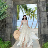 French Super Fairy Leaves Side Sling Dress Woman Seaside Holiday Sexy Pure Desire Irregular Open Fairy Dress