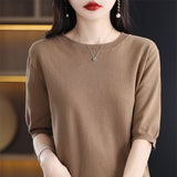 100% Cotton Sweating 2026 Spring And Summer New Round Collar Through Short T-Shirt Solid Five-Sleeve Temperament Knitted Shirt
