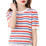 Ice Silk 2026 Spring And Summer Women's New Short Loose Round Collar Small Fresh Hollow Striped T-Shirt Knitted Shirt Short Sleeves