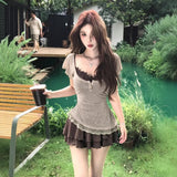 Large-Size Fat MM French Retro Lace Splicing Sling T-Shirt For Women's Summer New High-Rise Slimming Skirt Set