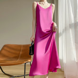 Silk Satin 2026 Spring And Summer New Women's V-Neck Long Dress Solid Color Temperament Adjustable Long Dress Sleeveless Sleeveless Sling