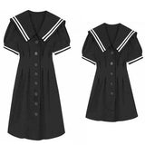 Navy Collar Dress Women's Summer Loose Long And Short Waists Thin A-Word Dress Retro Bubble Sleeves Small Black Dress